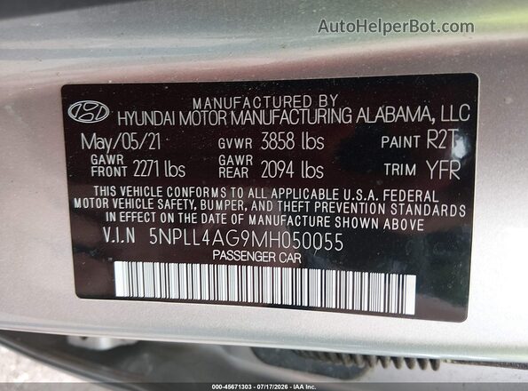 5NPLL4AG9MH050055 2021 HYUNDAI ELANTRA Silver ძრავის განყოფილების ხედი