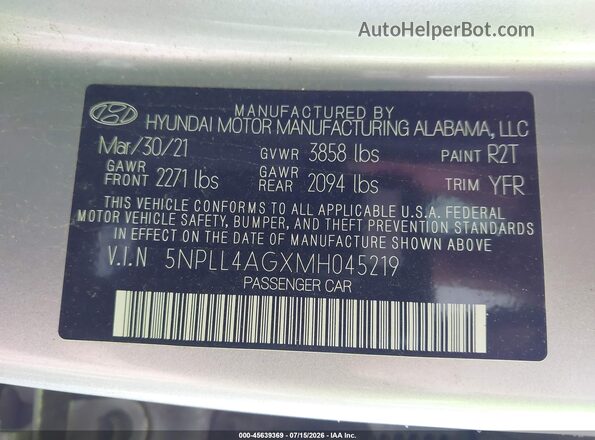 5NPLL4AGXMH045219 2021 HYUNDAI ELANTRA Silver ძრავის განყოფილების ხედი