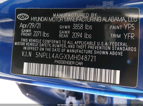 5NPLL4AGXMH048721 2021 HYUNDAI ELANTRA Blue Вид підкапотного простору