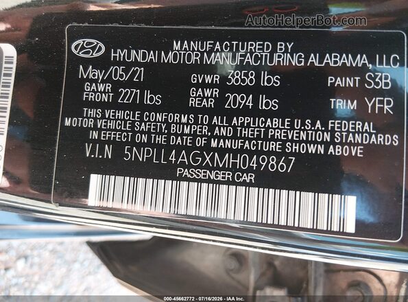 5NPLL4AGXMH049867 2021 HYUNDAI ELANTRA Black ძრავის განყოფილების ხედი