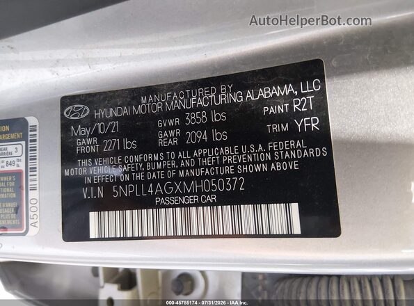 5NPLL4AGXMH050372 2021 HYUNDAI ELANTRA Silver Vista del compartimento del motor