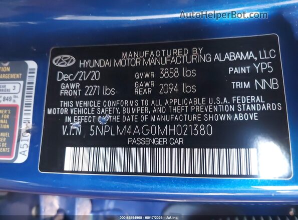 5NPLM4AG0MH021380 2021 HYUNDAI ELANTRA Blue ძრავის განყოფილების ხედი