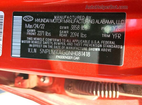 5NPLM4AG0NH081418 2022 HYUNDAI ELANTRA Red Vista de la etiqueta del VIN