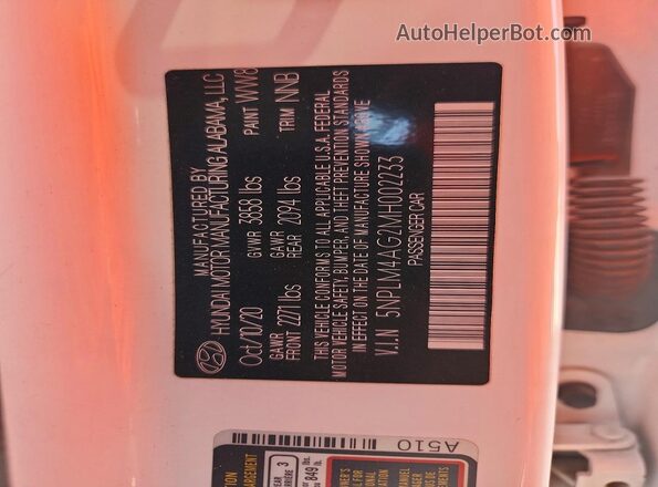 5NPLM4AG2MH002233 2021 HYUNDAI ELANTRA White Vista de la etiqueta del VIN