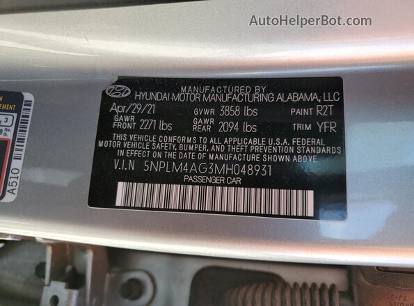 5NPLM4AG3MH048931 2021 HYUNDAI ELANTRA Silver Vista de la etiqueta del VIN