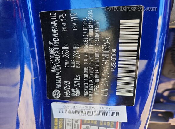 5NPLM4AG4MH037646 2021 HYUNDAI ELANTRA Blue VIN კოდის სტიკერის ხედი