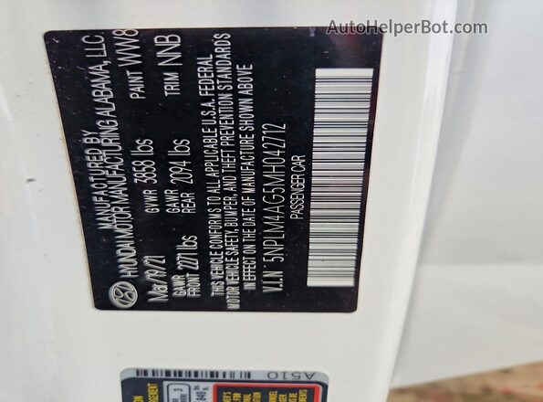 5NPLM4AG5MH042712 2021 HYUNDAI ELANTRA White Вид наклейки з VIN-кодом