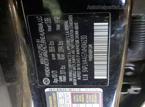 5NPLM4AG7MH046230 2021 HYUNDAI ELANTRA Black Vista de la etiqueta del VIN