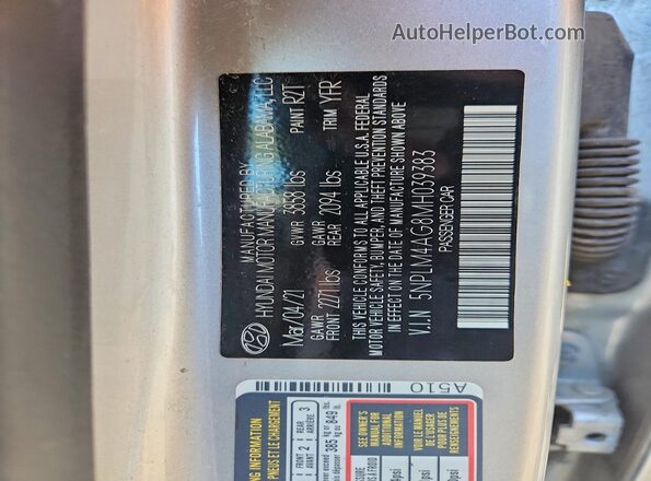 5NPLM4AG8MH039383 2021 HYUNDAI ELANTRA Gray Engine compartment view
