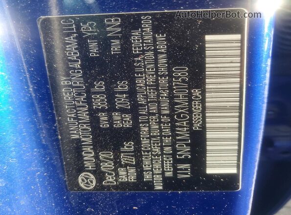 5NPLM4AGXMH017580 2021 HYUNDAI ELANTRA Blue VIN კოდის სტიკერის ხედი