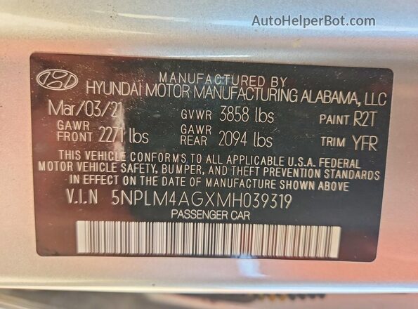 5NPLM4AGXMH039319 2021 HYUNDAI ELANTRA Silver Vista de la etiqueta del VIN