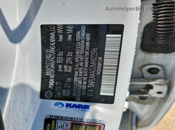 5NPLN4AG2MH022396 2021 HYUNDAI ELANTRA White Vista de la etiqueta del VIN