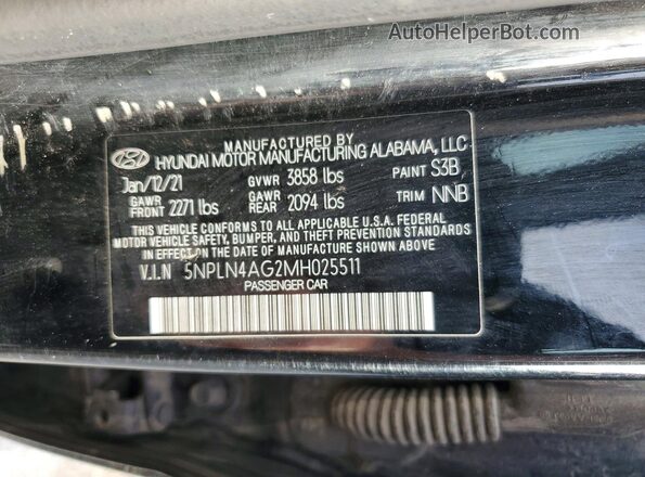 5NPLN4AG2MH025511 2021 HYUNDAI ELANTRA Black Вид наклейки з VIN-кодом