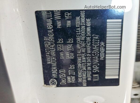 5NPLN4AG3MH022147 2021 HYUNDAI ELANTRA White Vista de la etiqueta del VIN
