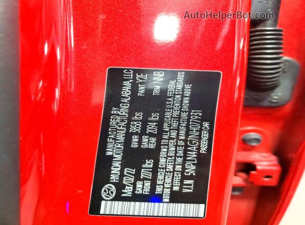 5NPLN4AG7NH077931 2022 HYUNDAI ELANTRA Red ძრავის განყოფილების ხედი