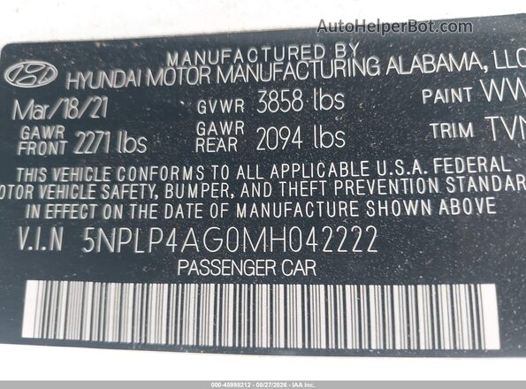 5NPLP4AG0MH042222 2021 HYUNDAI ELANTRA White Engine compartment view