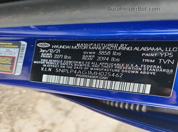 5NPLP4AG1MH025462 2021 HYUNDAI ELANTRA Blue Widok komory silnika