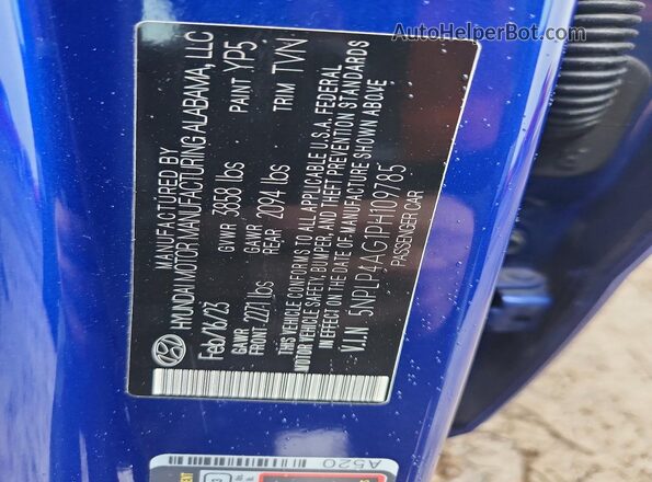 5NPLP4AG1PH109785 2023 HYUNDAI ELANTRA Blue Vista de la etiqueta del VIN