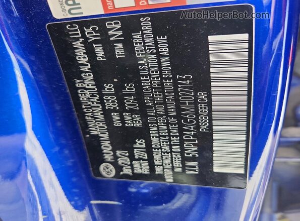 5NPLP4AG6MH027143 2021 HYUNDAI ELANTRA Синий Вид подкапотного пространства