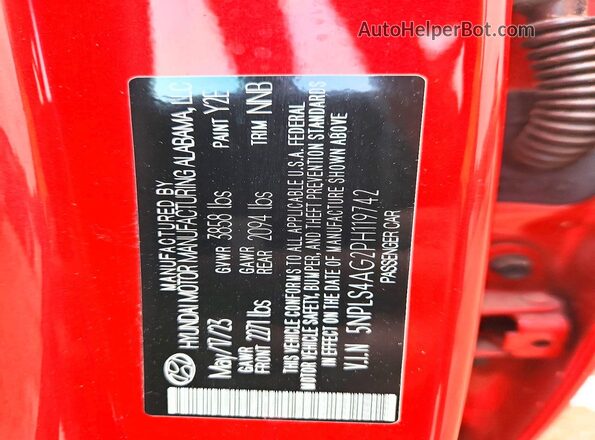 5NPLS4AG2PH119742 2023 HYUNDAI ELANTRA Red Widok naklejki z numerem VIN