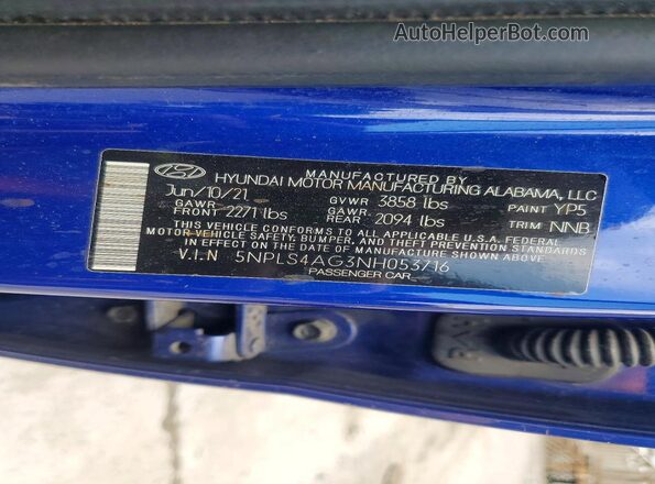 5NPLS4AG3NH053716 2022 HYUNDAI ELANTRA Blue Widok naklejki z numerem VIN
