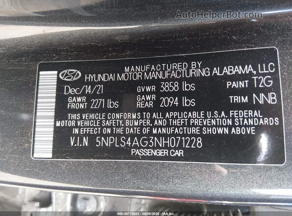 5NPLS4AG3NH071228 2022 HYUNDAI ELANTRA Gray Вид підкапотного простору