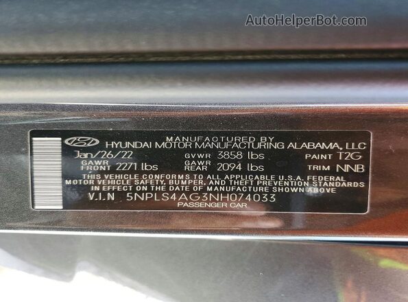 5NPLS4AG3NH074033 2022 HYUNDAI ELANTRA Charcoal Vista del compartimento del motor