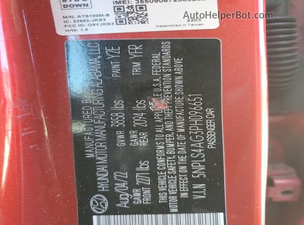 5NPLS4AG3PH096651 2023 HYUNDAI ELANTRA Red VIN კოდის სტიკერის ხედი