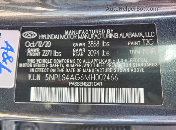 5NPLS4AG6MH002466 2021 HYUNDAI ELANTRA Gray Vista del compartimento del motor