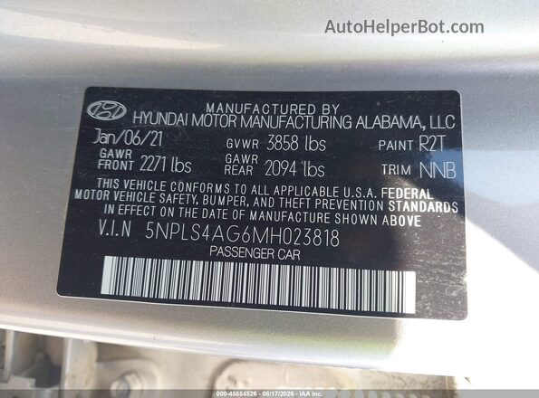 5NPLS4AG6MH023818 2021 HYUNDAI ELANTRA Silver Vista del compartimento del motor