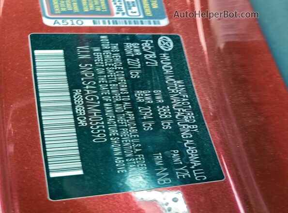 5NPLS4AG7MH035590 2021 HYUNDAI ELANTRA Red VIN կոդի պիտակի տեսք