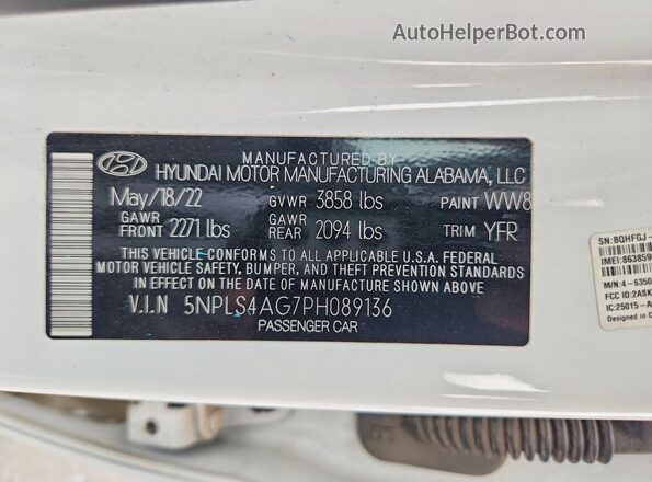 5NPLS4AG7PH089136 2023 HYUNDAI ELANTRA White VIN կոդի պիտակի տեսք