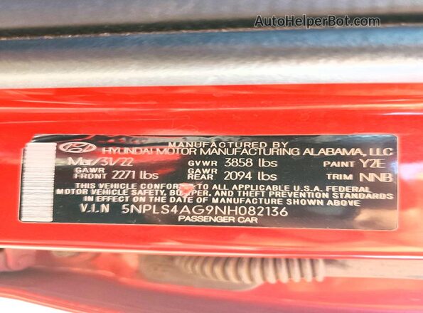 5NPLS4AG9NH082136 2022 HYUNDAI ELANTRA Red Widok naklejki z numerem VIN