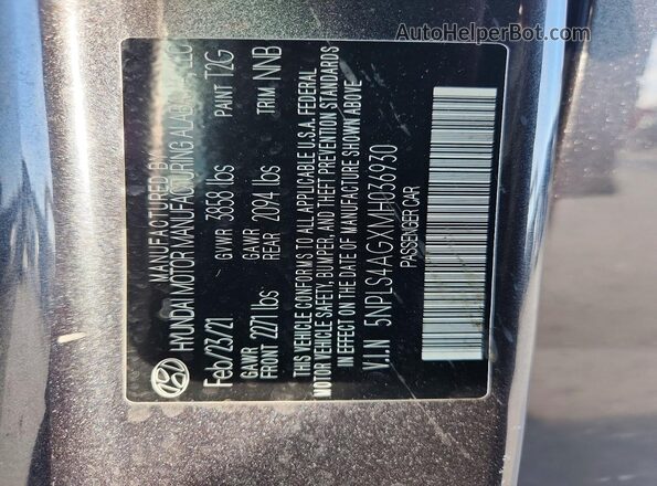 5NPLS4AGXMH036930 2021 HYUNDAI ELANTRA Charcoal VIN կոդի պիտակի տեսք