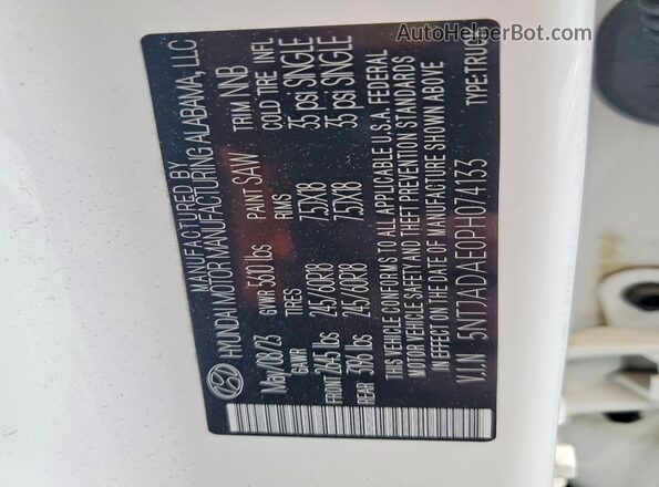 5NTJADAE0PH074133 2023 HYUNDAI SANTA White VIN კოდის სტიკერის ხედი