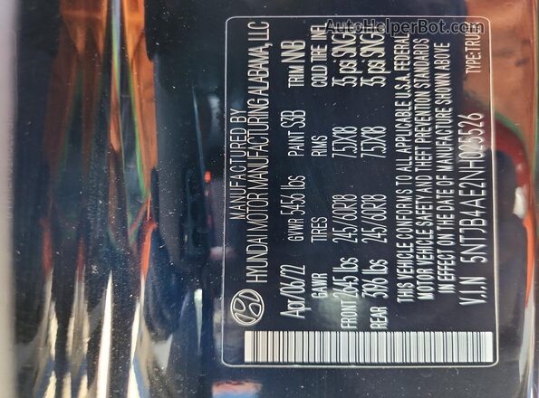 5NTJB4AE2NH025526 2022 HYUNDAI SANTA Black Vista del compartimento del motor