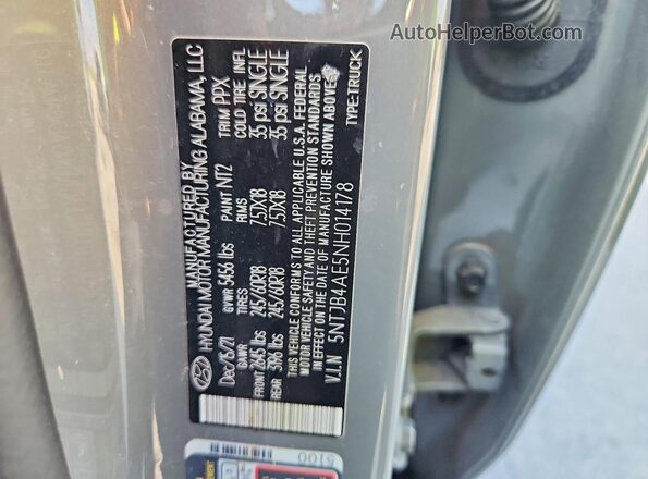 5NTJB4AE5NH014178 2022 HYUNDAI SANTA Gray Vista de la etiqueta del VIN