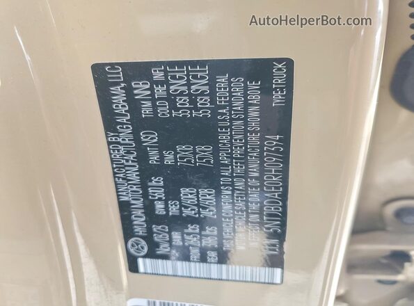 5NTJBDAE0RH097394 2024 HYUNDAI SANTA Tan VIN კოდის სტიკერის ხედი