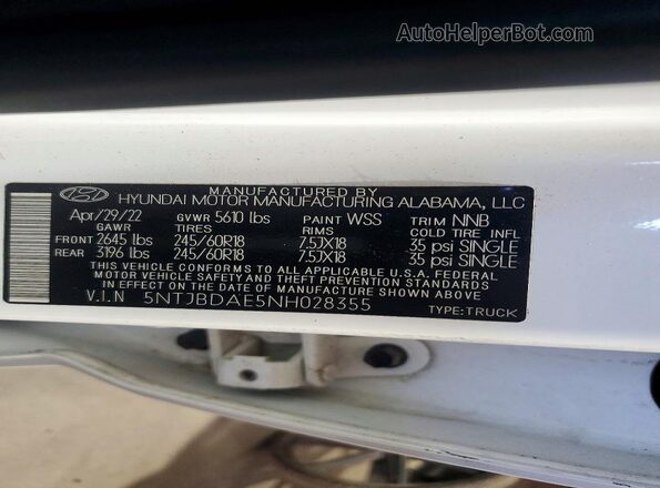 5NTJBDAE5NH028355 2022 HYUNDAI SANTA Белый Вид наклейки с VIN-кодом