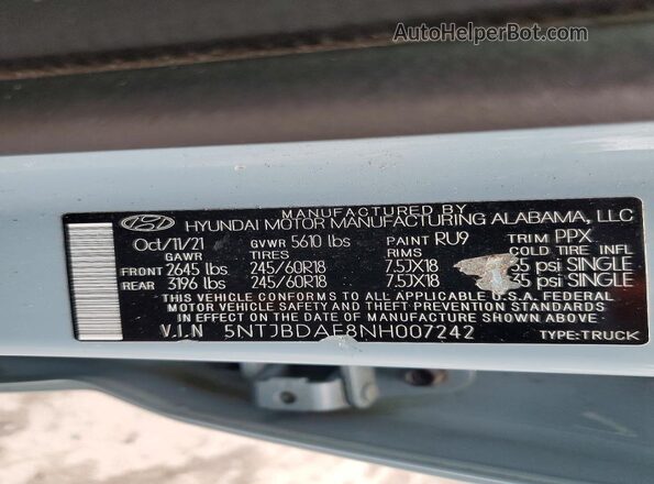 5NTJBDAE8NH007242 2022 HYUNDAI SANTA Blue Вид наклейки з VIN-кодом