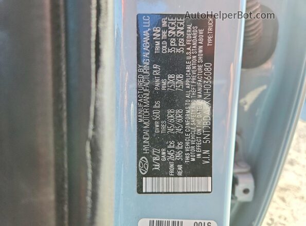 5NTJBDAEXNH036080 2022 HYUNDAI SANTA Turquoise VIN sticker view