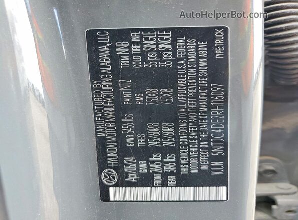 5NTJC4DE2RH116097 2024 HYUNDAI SANTA Gray Widok naklejki z numerem VIN