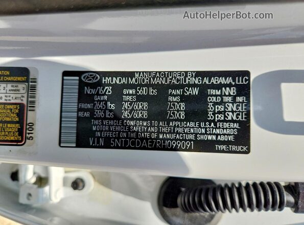 5NTJCDAE7RH099091 2024 HYUNDAI SANTA White VIN კოდის სტიკერის ხედი