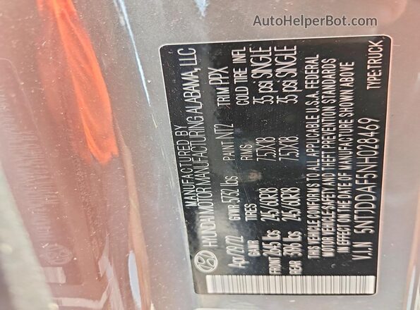5NTJDDAF5NH028469 2022 HYUNDAI SANTA Gray VIN კოდის სტიკერის ხედი