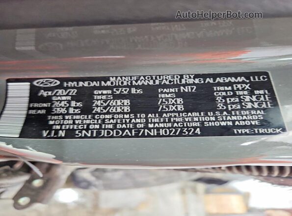 5NTJDDAF7NH027324 2022 HYUNDAI SANTA Gray Вид наклейки з VIN-кодом