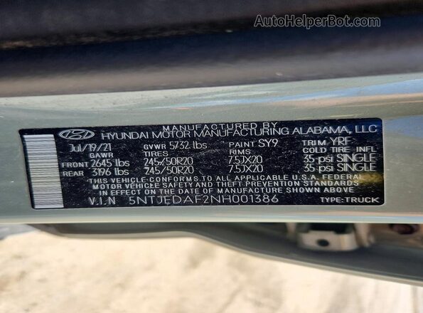 5NTJEDAF2NH001386 2022 HYUNDAI SANTA Green Vista del compartimento del motor