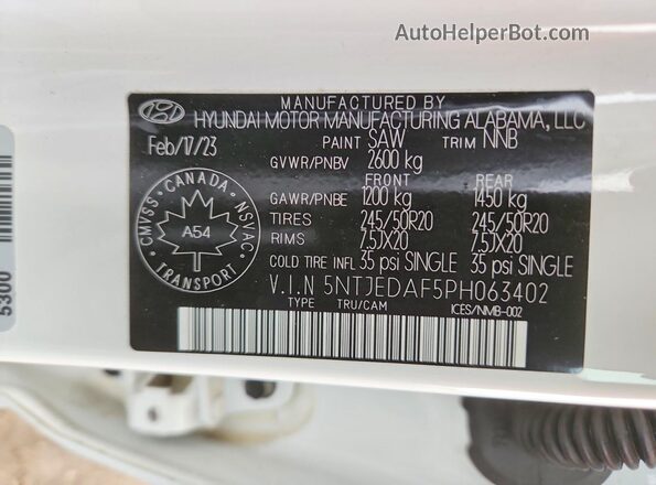 5NTJEDAF5PH063402 2023 HYUNDAI SANTA White VIN կոդի պիտակի տեսք