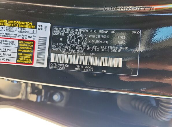 5TDAAAA57SS035023 2025 TOYOTA GRAND Black VIN կոդի պիտակի տեսք