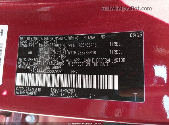 5TDAAAA5XSS029085 2025 TOYOTA GRAND HIGHLANDER Red Շարժիչի բաժամունքի տեսք