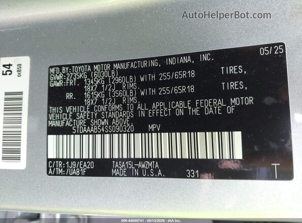 5TDAAAB54SS090320 2025 TOYOTA GRAND HIGHLANDER Silver Vista del compartimento del motor